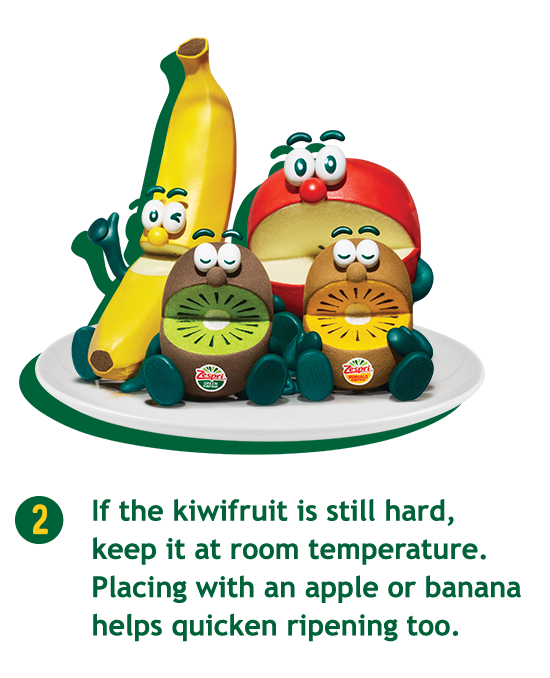 If the kiwifruit is still hard, keep it at room temperature. Placing with an apple or banana helps quicken ripening too.
