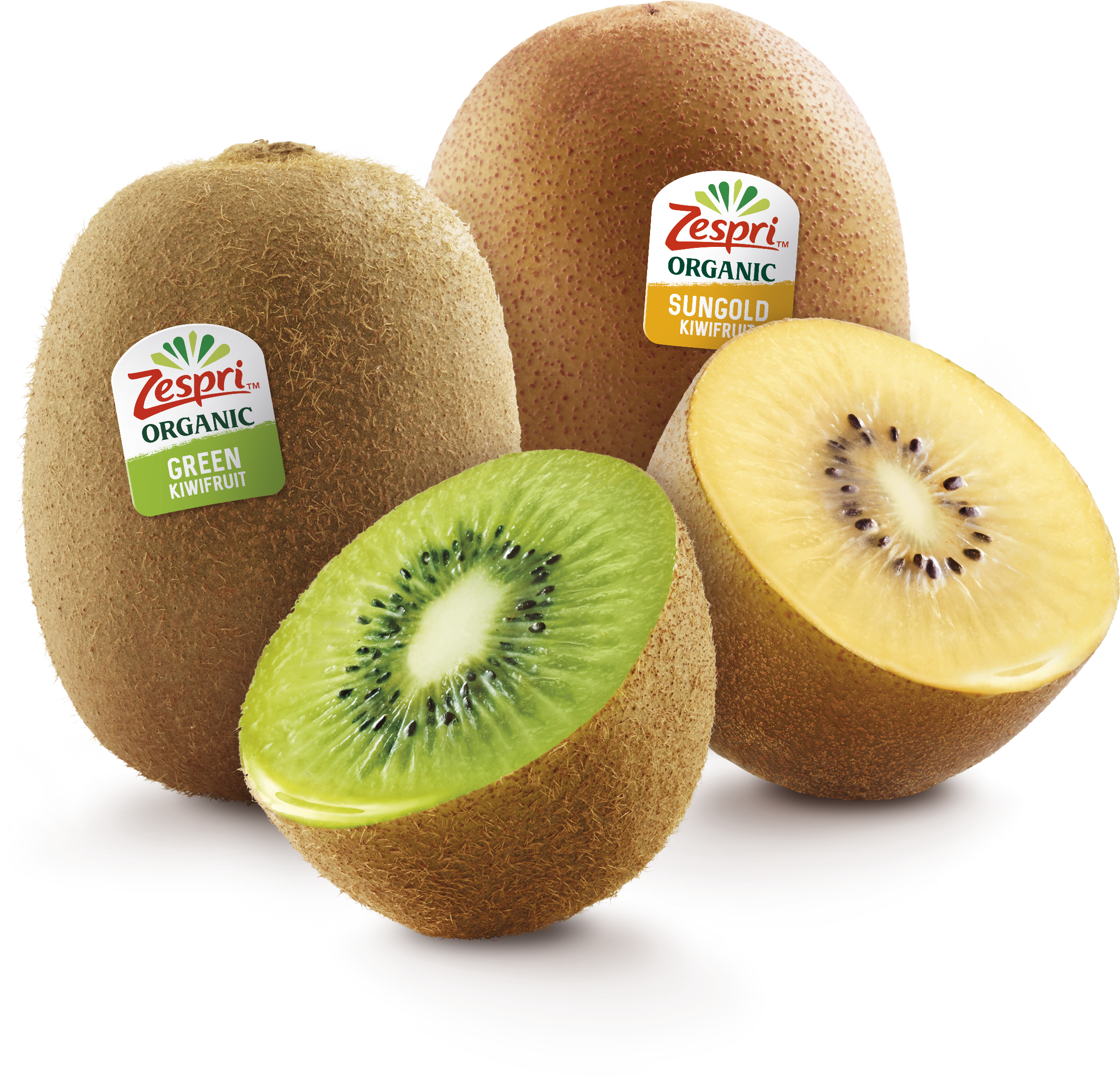 Organic green and SunGold kiwifruit displayed together