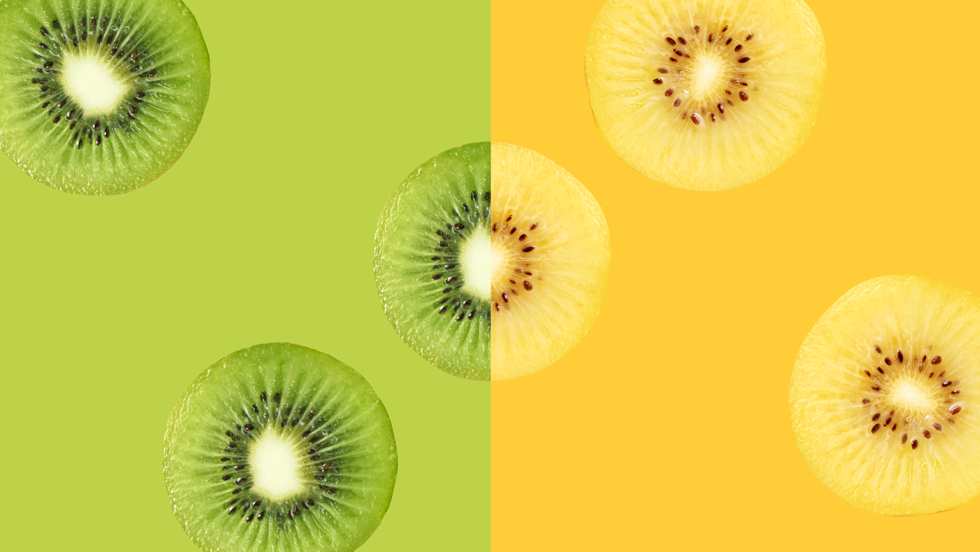 split screen with Zespri SunGold on right and Zespri Green on left