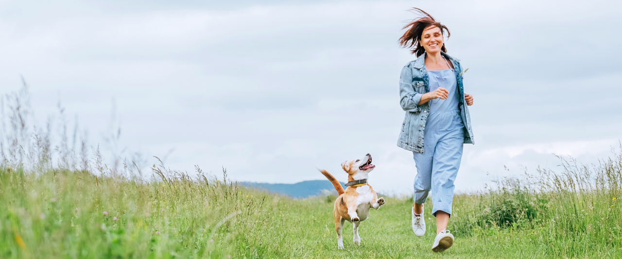 Buiten sporten: vrouw rent met vrolijke hond in natuur
