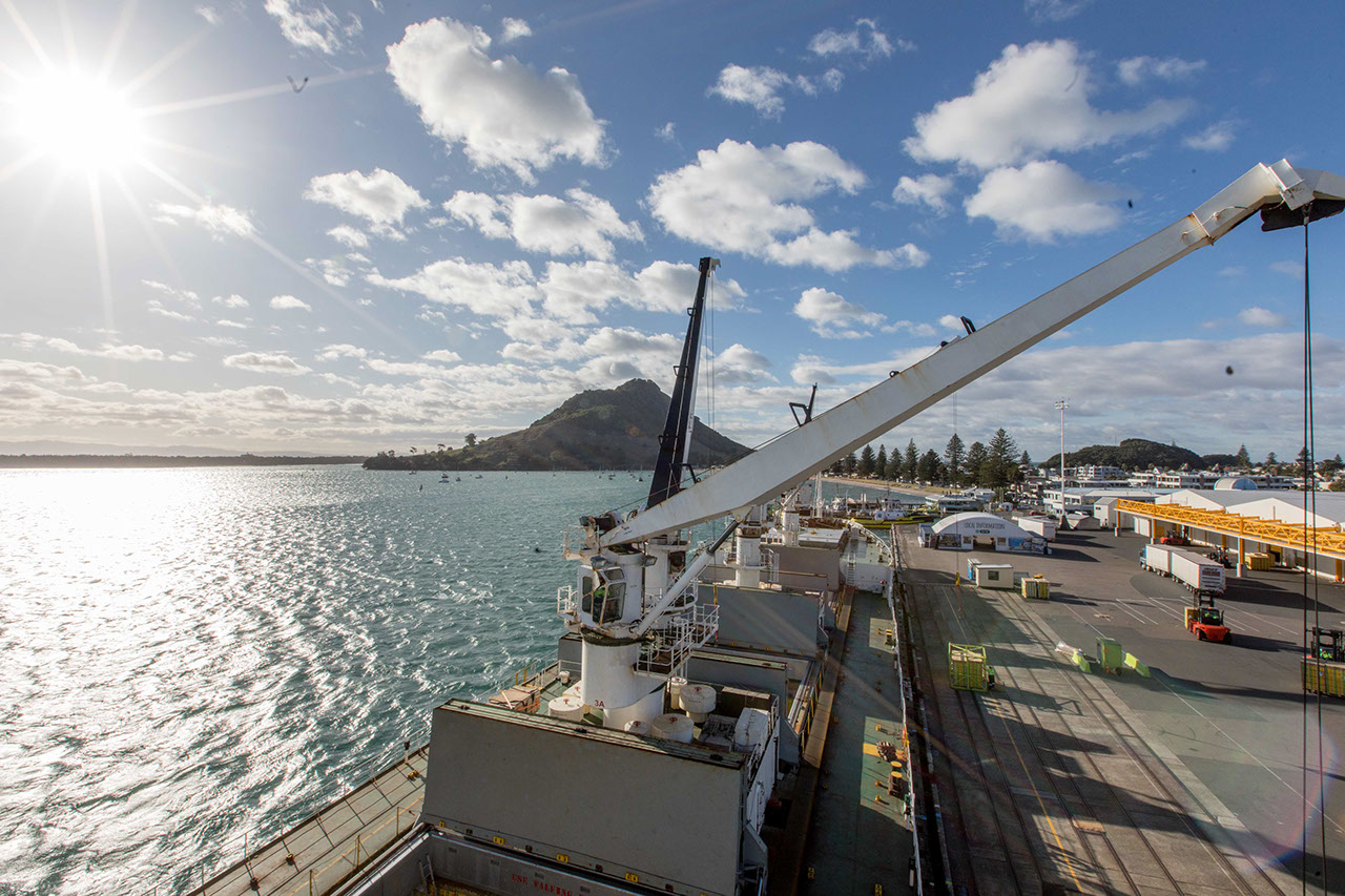 The first kiwifruit ship of the season, the Nassau-registered Baltic Pearl, gets set to depart Port of Tauranga for Tokyo.  Photo by Jamie Troughton/Dscribe Media