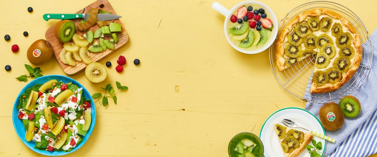 Various Zespri SunGold kiwifruit for energy and mood recipes on a table
