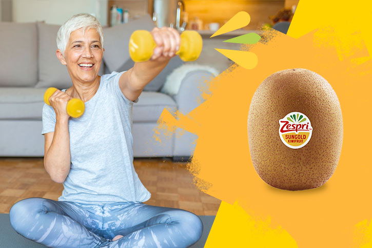 Split image: senior woman at home lifting hand bells (left); Zespri SunGold kiwi fruit (right)